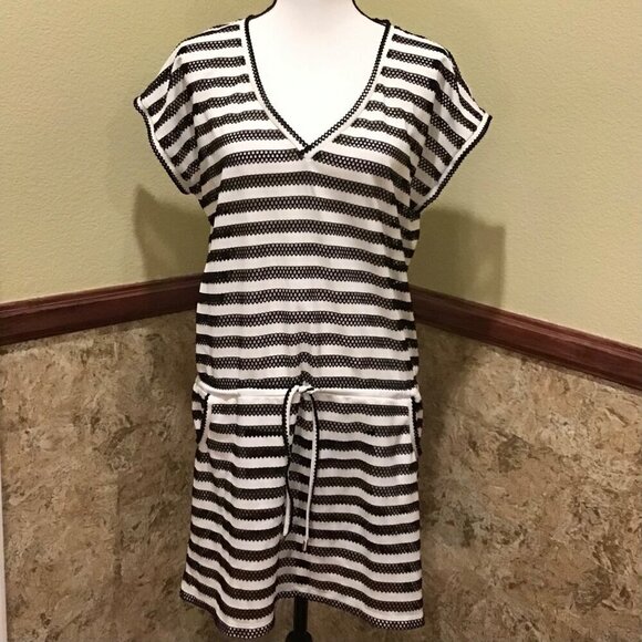 Calvin Klein Swim Cover Up Dress Black White Stripe Nautical Stretch Size Small - Picture 4 of 13